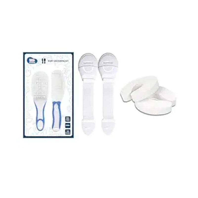 Kids Station Baby Safety Lock. Baby Proofing Finger Pinch Door Guard and Grooming Kit Combo Pack for Kids, Babies & Pet Safety (Multi, 2 Lock White+2 Door Stopper+1 Grooming Kit Blue)