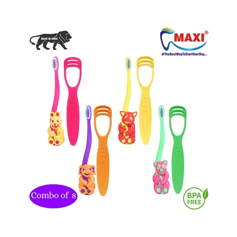 MAXI Oral Care Hygiene Kit 4 Kids Toothbrushes & 4 Tongue Cleaners Combo – Pack of 8