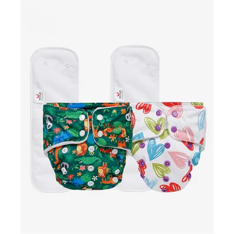 Mylo Baby Freesize Adjustable Cloth Diapers with 2 Free Insert Oeko Tex Certified Pack of 2 – Heart Doodles  Jungle Multicolour