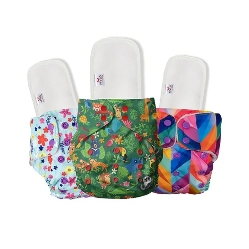 Mylo Baby  Freesize Adjustable Cloth Diapers with 3 Free Insert Oeko Tex Certified Pack of 3 – Jungle Rainbow Floral Spring Multicolour
