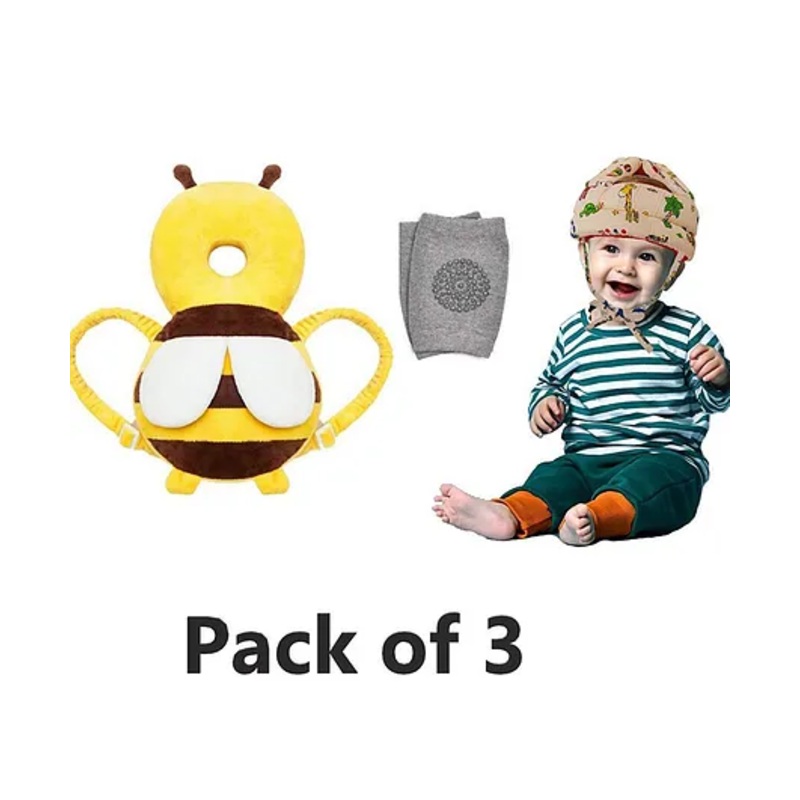 Numum Baby safety Combo of Baby Helmet and Baby Head Protector with knee pads (Cream jungle Helmet star and Yellow Head protector and Knee pads) (pack of 3)( color and design may vary)
