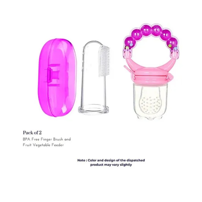 Numum Finger Brush and Rattle Fruit Nibbler Pack of 2 ( Pink) ( Color and design may vary)