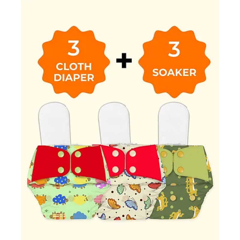 Snugkins Freesize Reusable Waterproof & Washable 3 Pocket Diapers & 3 Soakers – Multicolor