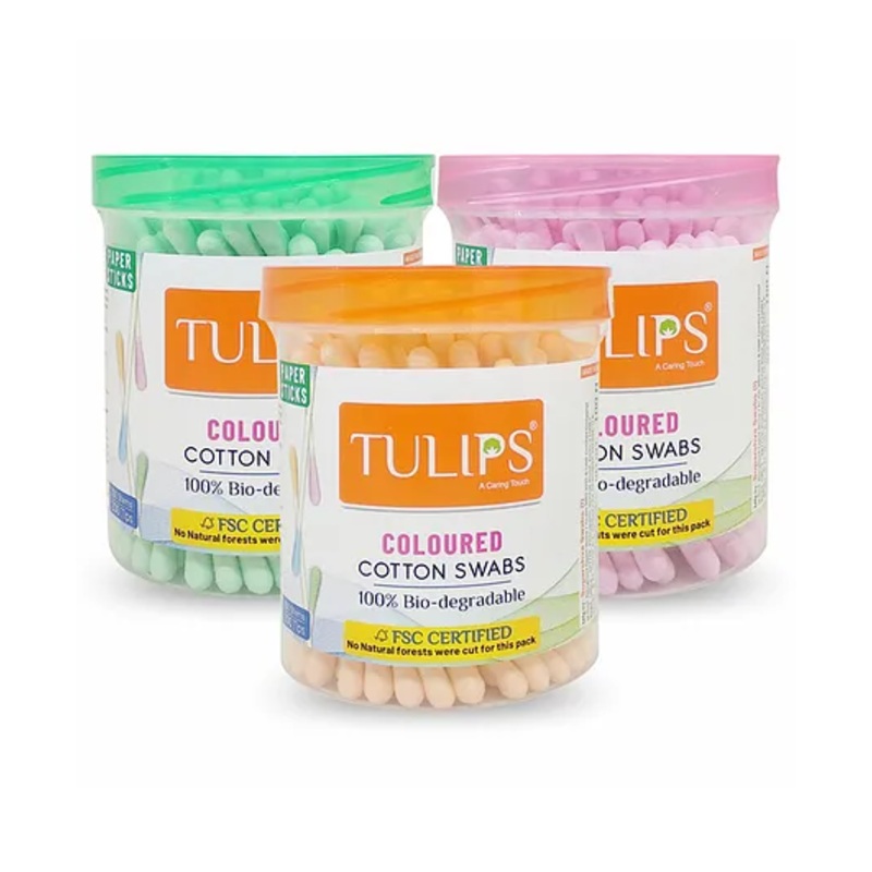 Tulips Biodegradable Cotton Buds Swabs Pack Of 3 Multicolor – 100 Pieces Each