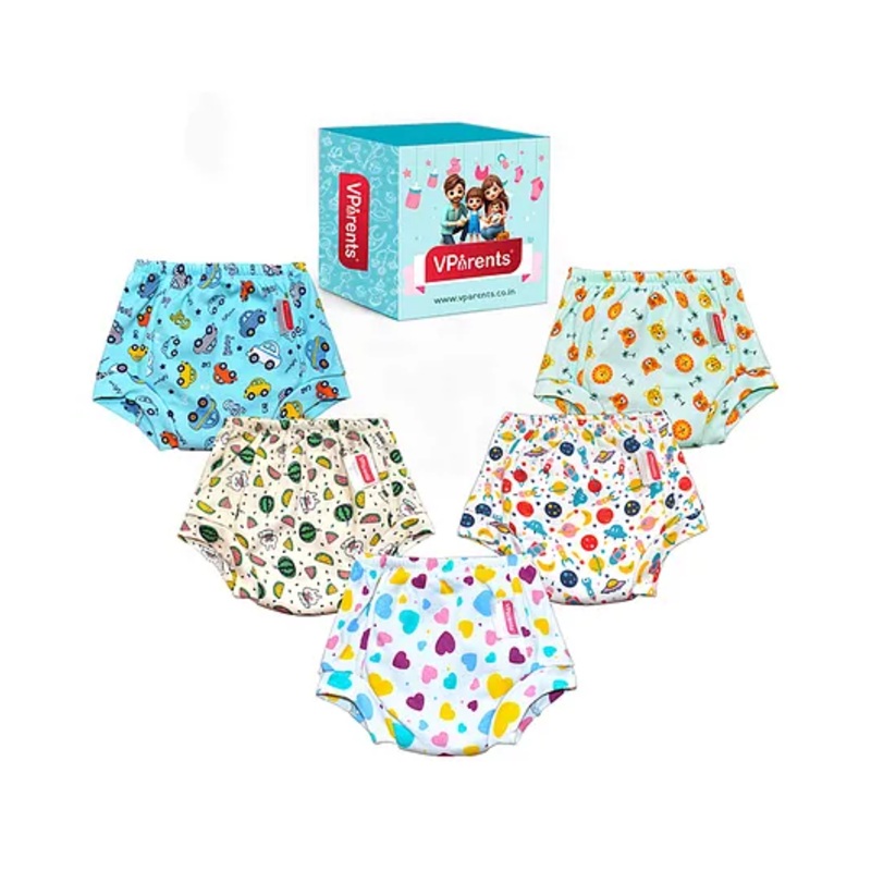VParents Padded Underwear for Babies and Toddlers with 3 Layers of Cotton Padding Potty Training  Pull Up & Diaper-Free Time Pack of 5 (1 – 2 YEARS )(  Print may vary)