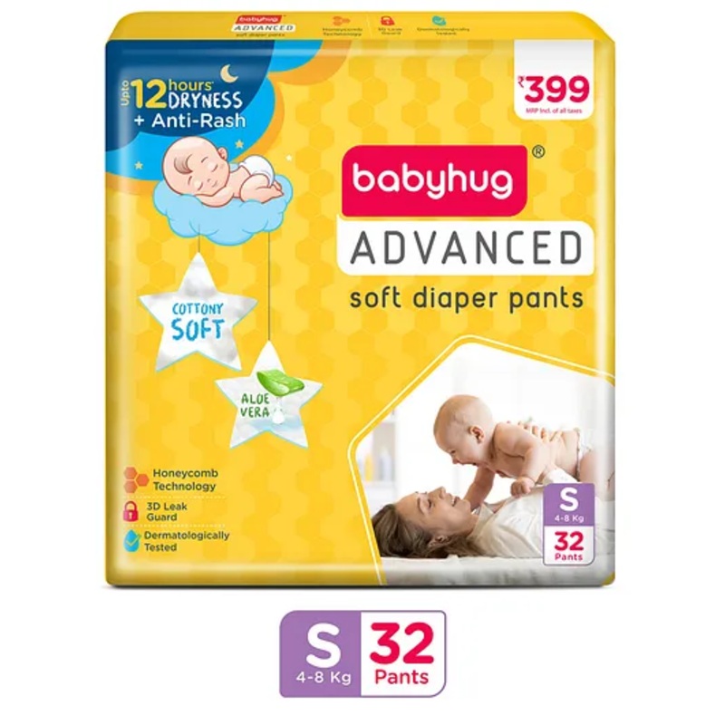 Babyhug Advanced Pant Style Diaper Small – 32 Pieces, Honeycomb Technology, Cottony Soft Diaper with 3D Leak Guard, Latex & Alcohol Free, Anti-rash & Gentle