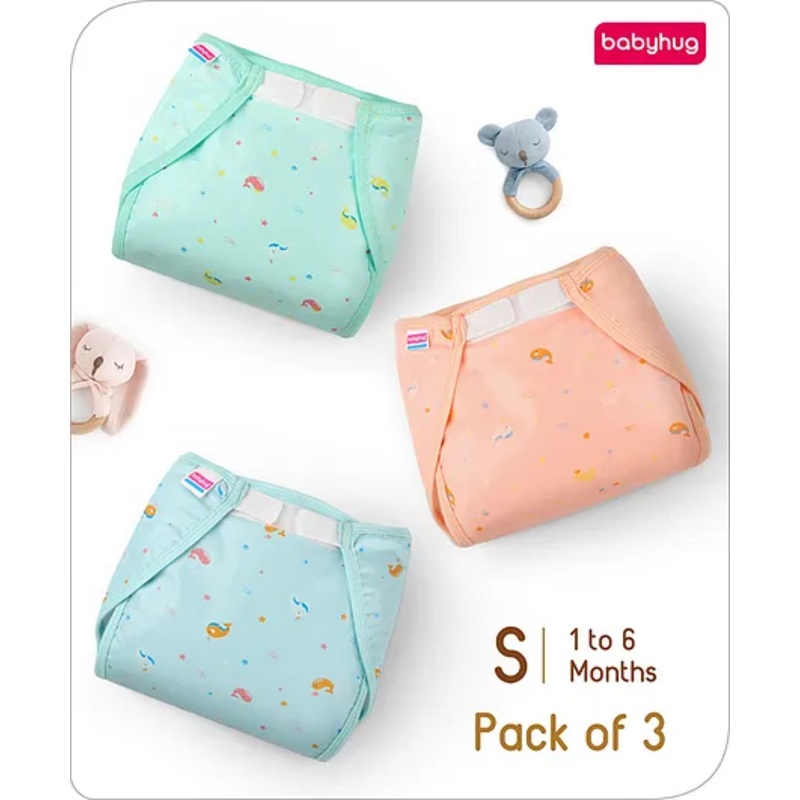 Babyhug Waterproof Both Side Plastic Nappy Small Size Set of 3 – Dolphin Print| Reusable| Easy to Clean and Maintain| Adjustable Velcro Closure