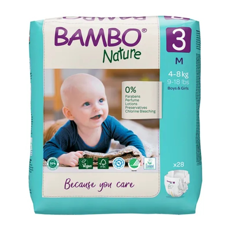 Bambo Nature Eco Friendly Medium Size Tape Diapers with Wetness Indicator – 28 Pieces