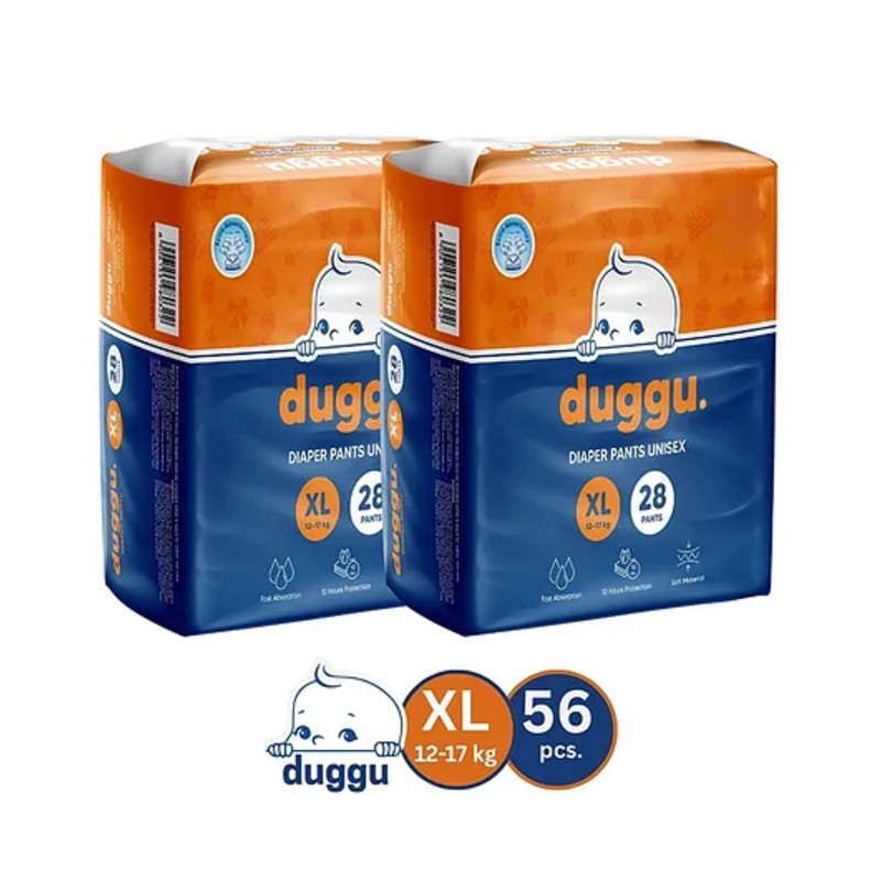Duggu Baby Diaper Pants | Feather-Like Cotton Feel | Up to 10-Hour Absorption | Soft Elastic Waistband | Highly Absorbent | Extra Large | 12-17 KG | Pack of 2 – 56 Diapers