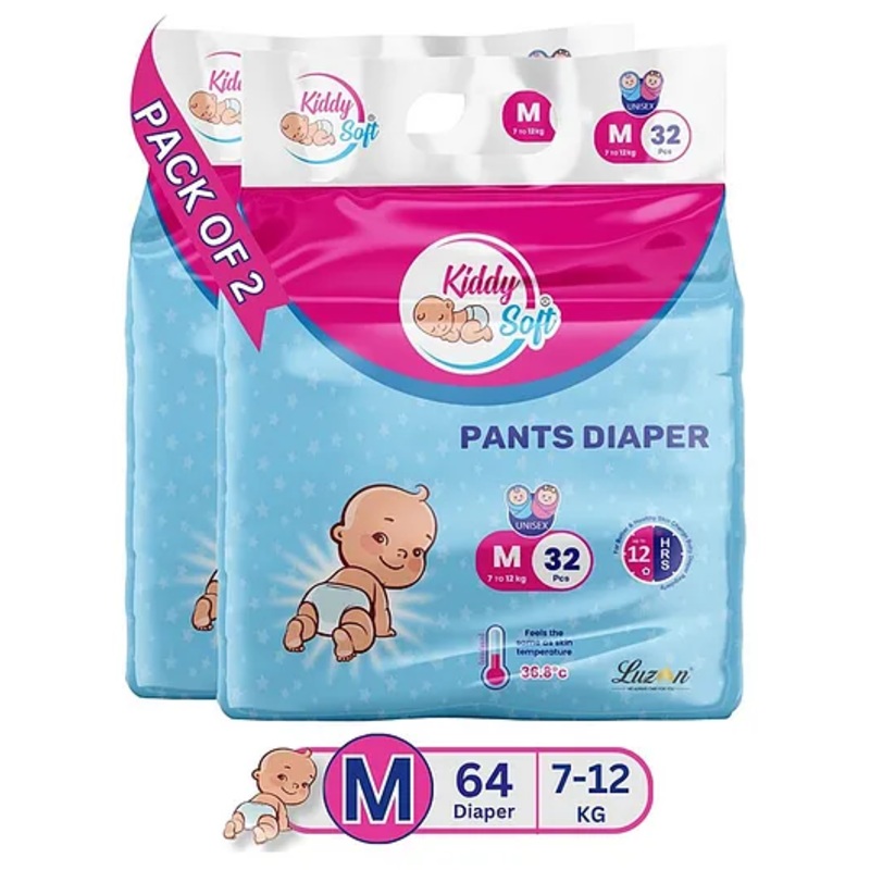 KiddySoft Baby Diaper Pants | Super Absorbent with Criss Cross Layer | Up to 12 Hours Protection | Softest Top Sheet | Comfortable Fit | Medium (7-12 KG) | Pack of 2 (64 Diapers )