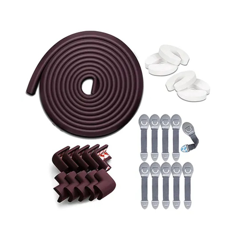 Kids Station Baby Safety Kit- 5 Meter Safety Strip + 8 Corner Guards + 4 Door Stoppers + 10 Child Safety Locks for Drawers, All-in-one Baby Proofing Kit (5 Meter Edge Protector Kit (Brown + Grey))