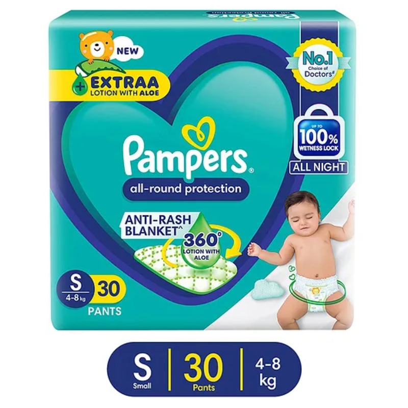 Pampers All round Protection Pants, Small size baby Diapers, (S) 30 Count, 4-8 kg, Anti-rash blanket, 360 degree Lotion with Aloe Vera