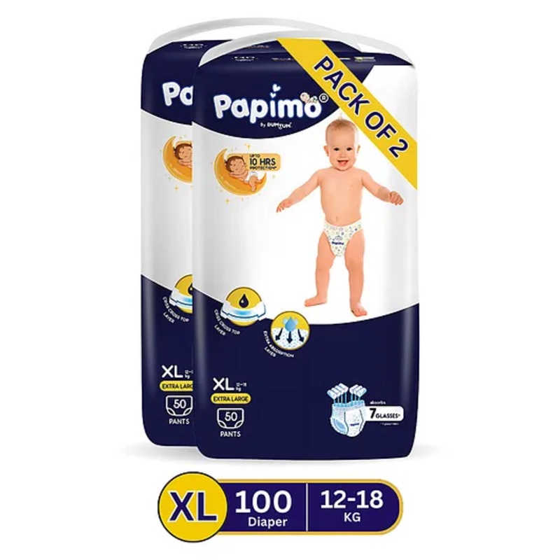 Papimo Baby Diaper Pants  | 12 Hours Absorption with Criss-Cross Technology | Cottony Soft & Breathable | Aloe Vera Infused | Wetness Indicator | Extra Large (10-18 KG) | Pack of 2 (100 Diapers)
