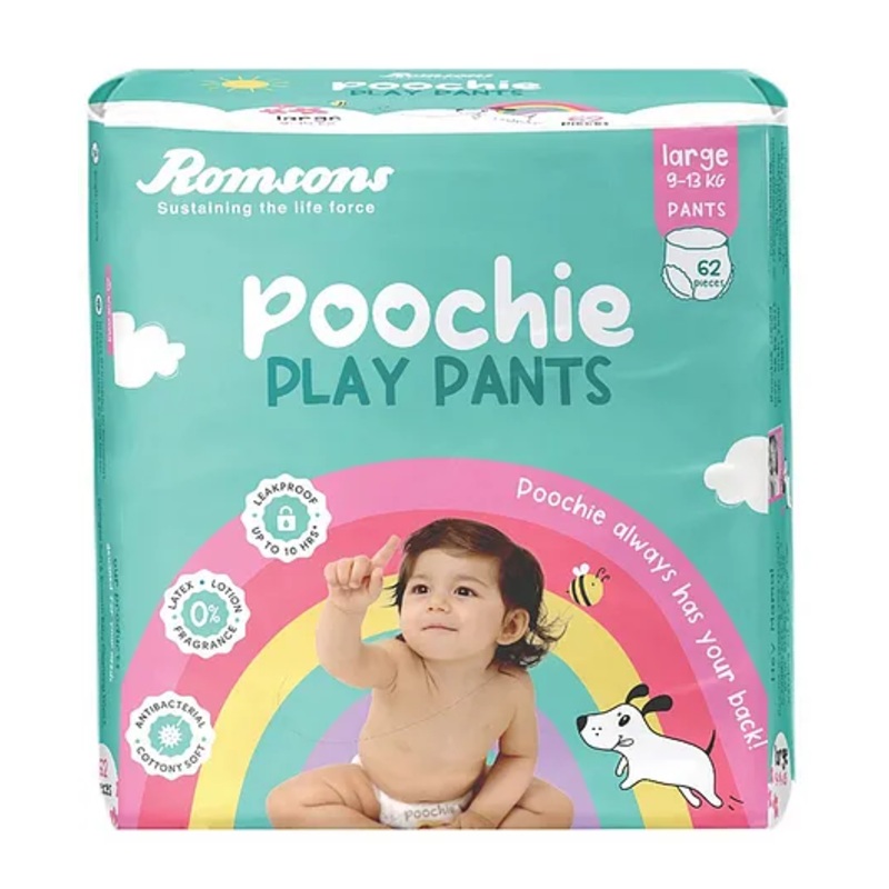 Romsons Poochie Play Pants Baby Diaper | L Size | Super Absorbent Core | Leakproof Protection for up to 10 Hours | Wetness Indicator | 360 Comfort Fit | Suitable for 9-13 KG | Pack of 1 (62 count)