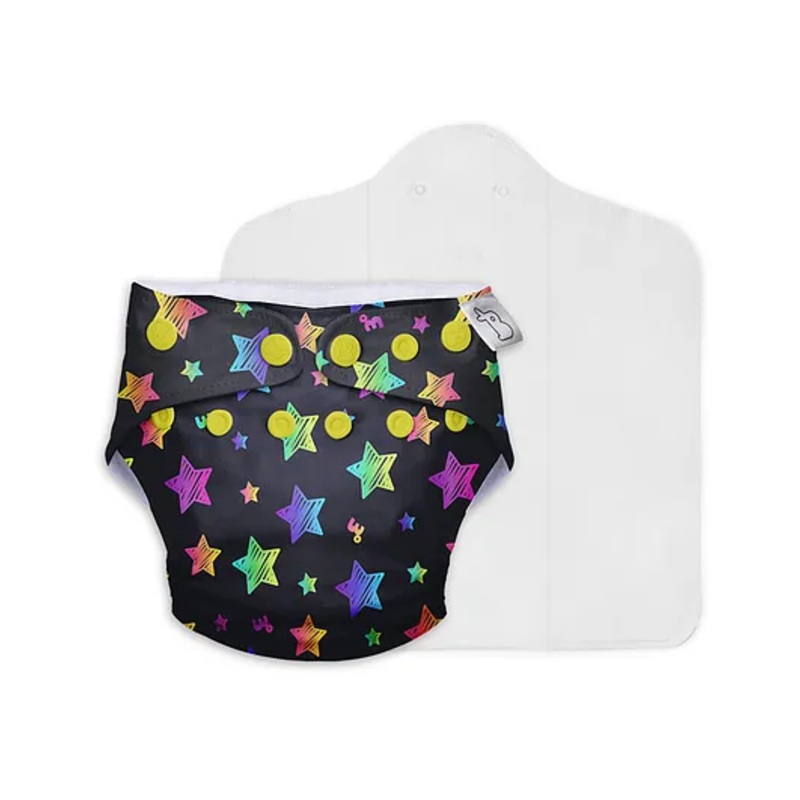 SuperBottoms Freesize UNO Cloth Diaper (3M – 3Y) Reusable with 1 Dry Feel Pad, Absorbs 4-5 Pees – Rainbow Twinkles