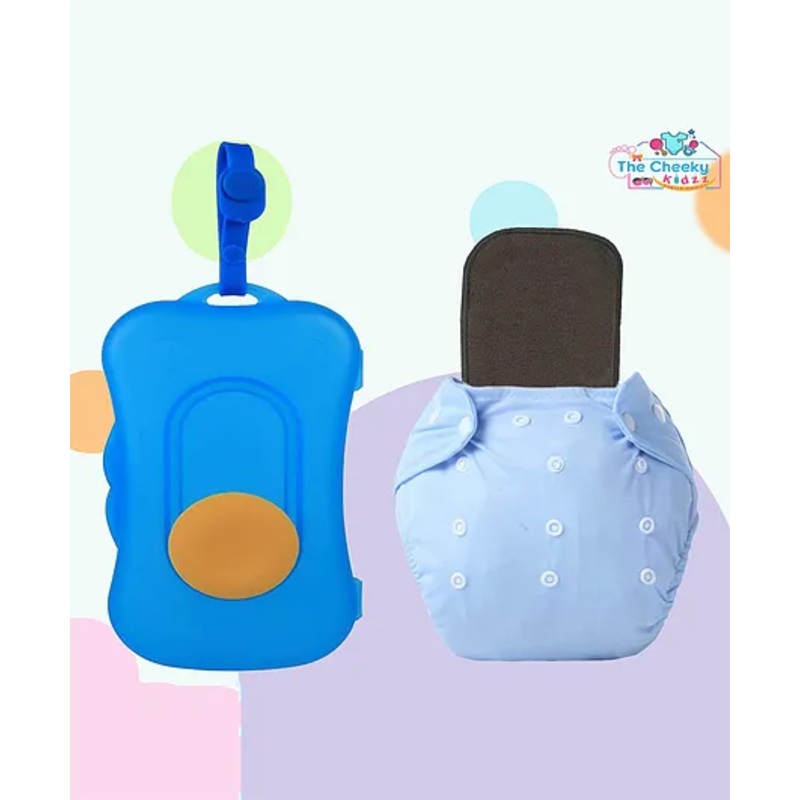 The Cheeky Kidzz Refillable Durable Baby Wet Wipes Storage Box Slide Container With Wipes Sheet And Baby Reusable Cloth Diaper Nappy Insert Soaker Combo (BLUE)