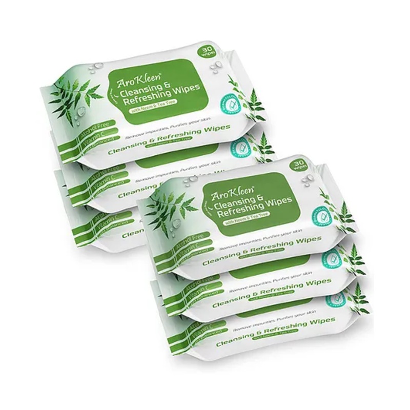 Arokleen Natural Daily Cleansing & Refreshing Wet Wipes With Neem & Tea Tree | Facial Wipes | Alcohol Free, Vitamin C & pH Balanced | Removes Oil & Dirt & Moisturizes Skin | Hydrating & Soothing – Clinically Tested- 180 WIPES ( PACK OF 6 )