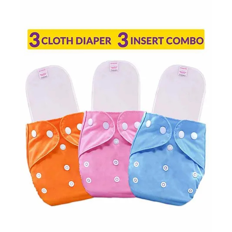 Bembika Reusable Solid Pocket Cloth Diapers With Inserts Pack of 3 – Blue Pink Orange