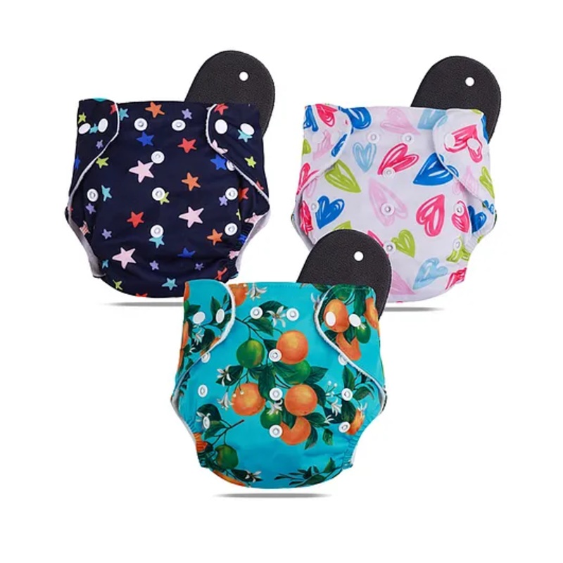 Devico Leakage Proof  Washable & Reusable Cloth Diaper with 5 Layer High Absorbent and Quick Dry Pads Nappy Freesize Pack of 3- Multicolor