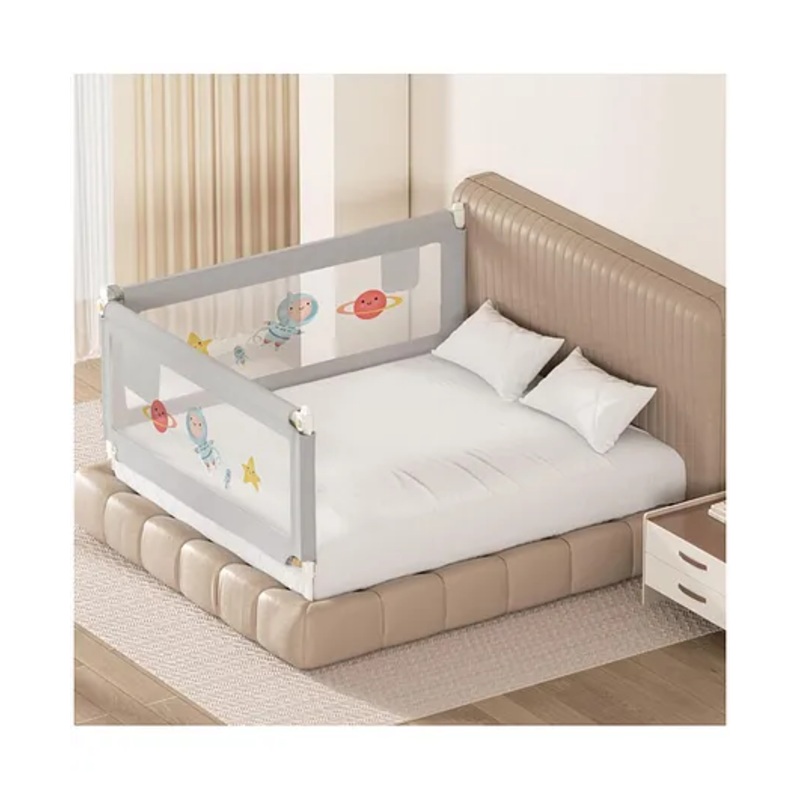 Kids Station Foldable Baby Bed Rail with Pocket  2 Side, Grey (192 x 180 cm)  Adjustable Height Safety Fence with Storage Feature, Originally Designed for King Size Bed (6.3ft x 6ft)