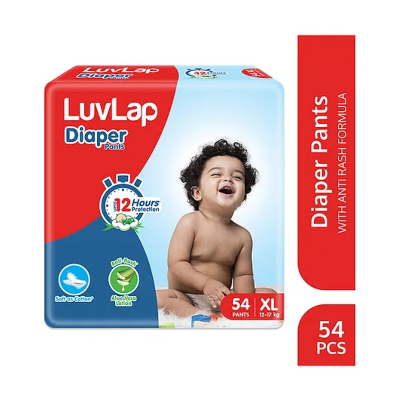 LuvLap Pant Style Baby Diapers, X-Large (XL), 54 Count, Aloe Vera Lotion, 12hr Protection, White