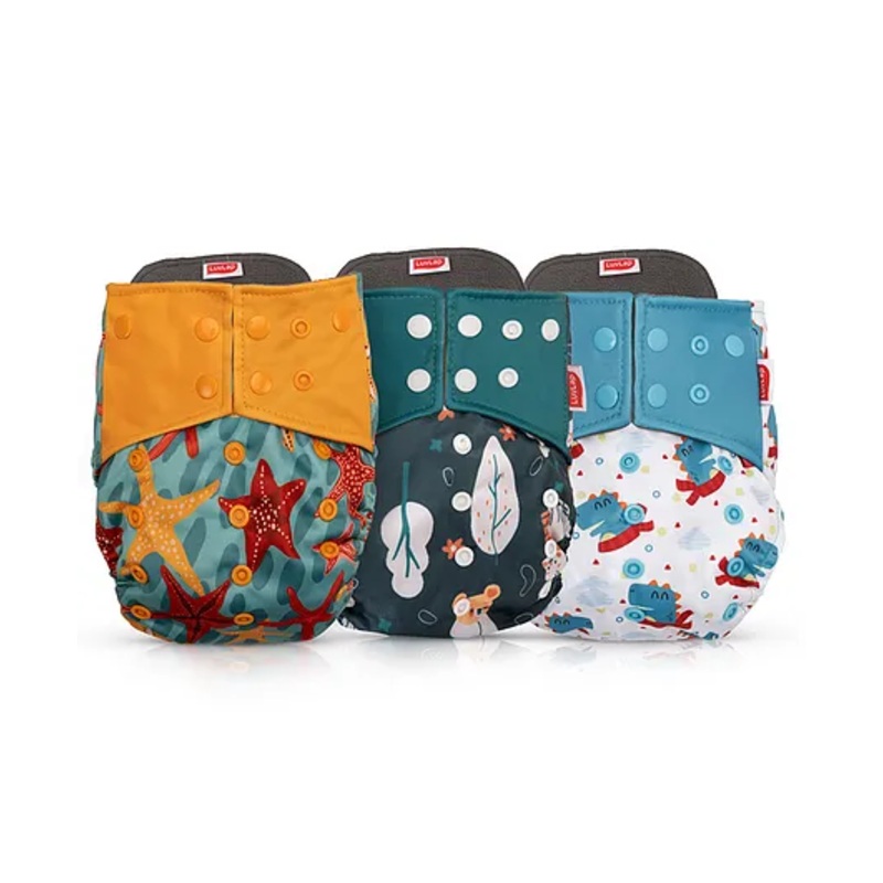 LuvLap Reusable Baby Cloth Diapers Combo Pack of 3, Blue & Pink, Blue Ships, Blue Stars, Double Leak Guard, High Absorption, Stain-Proof Comfort & Protection, 3 Months+