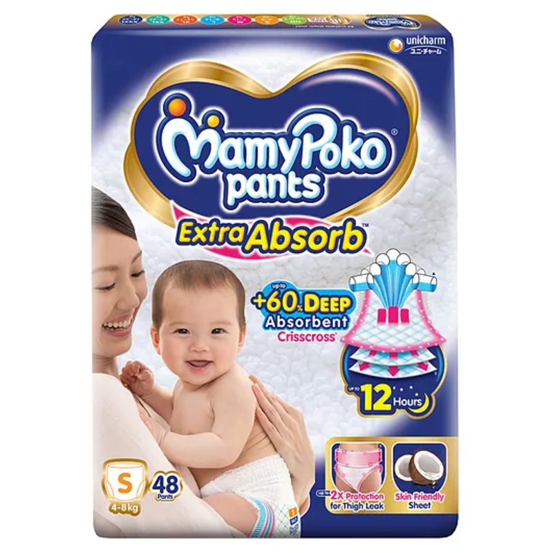 MamyPoko Pants Extra Absorb Baby Diapers, Small (S size) | 4-8 kg | 48 Count |Deep Sleep Diapers| Soft gentle fit |Deep Absorbent Crisscross | skin friendly with coconut oil |