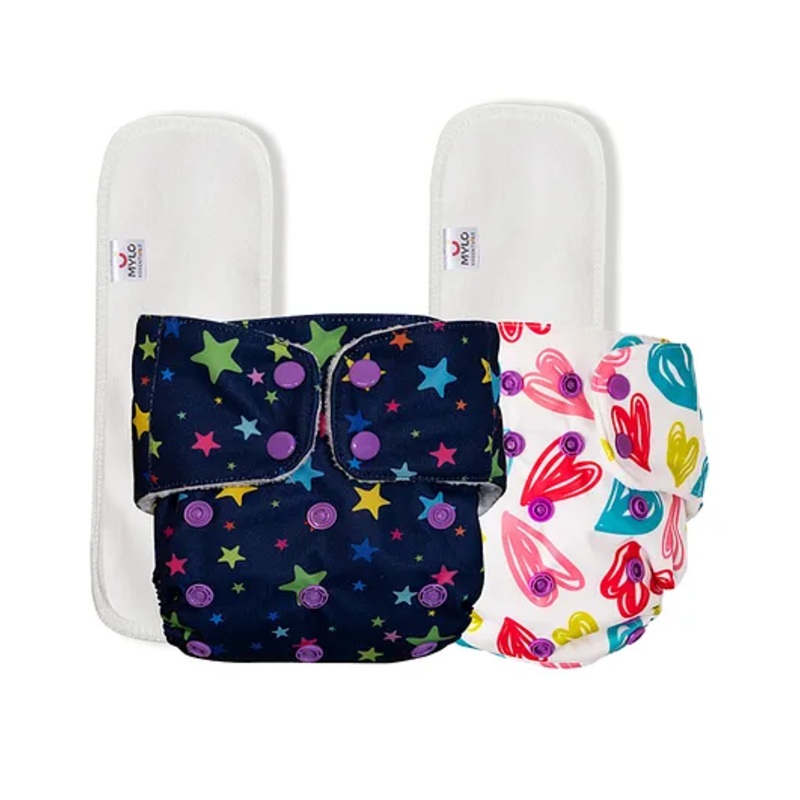Mylo Baby Freesize Adjustable Cloth Diapers with 2 Free Insert Oeko Tex Certified Pack of 2 – Twinkle Twinkle Heart Doodles Multicolour