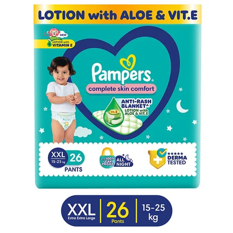 Pampers Complete Skin Comfort Pants, Anti-rash blanket, Lotion with Vitamin E & Aloe Vera, Double Extra Large size baby Diapers, (XXL) 26 Count, 15-25 kg