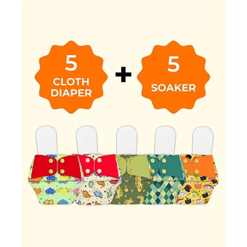 Snugkins Freesize Reusable Waterproof & Washable 5 Pocket Diapers & 5 Soakers – Multicolor