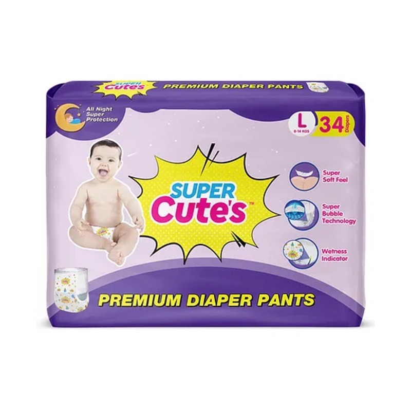 Super Cute’s Premium Diaper Pants Large Size With Wetness Indicator Bubble Technology & Overnight Leakage Protection Super Soft Diapers with Perfect Fit – 34 Pieces