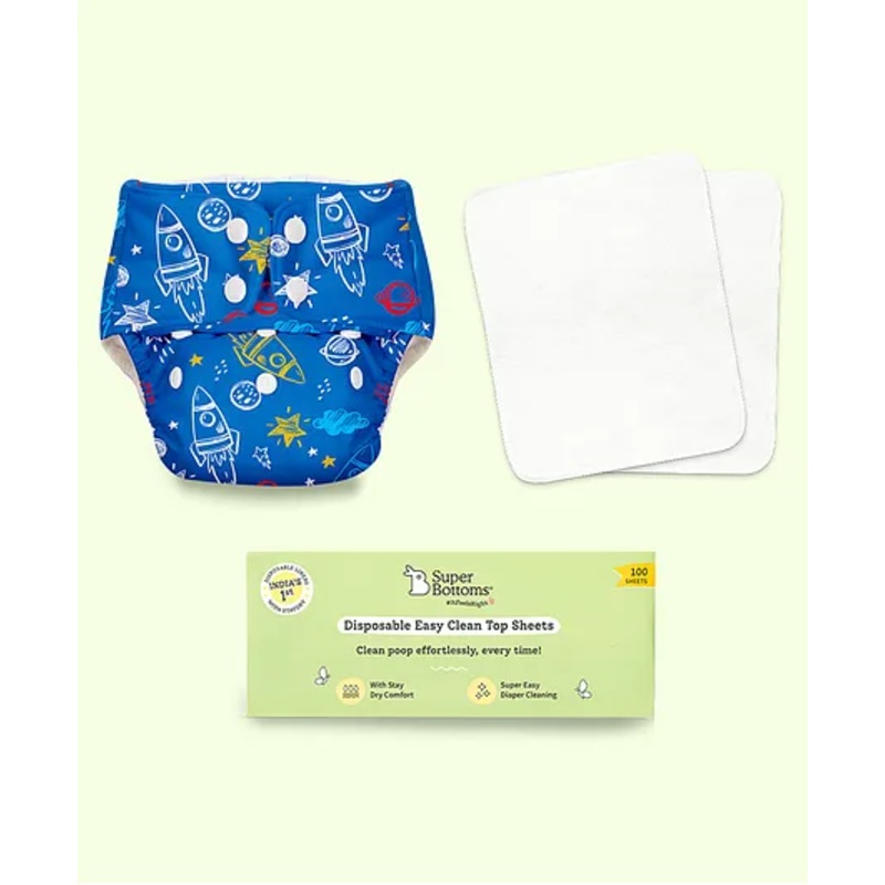 SuperBottoms BASIC Cloth Diapers for Babies Starter Kit – Reusable Diaper – Diaper Cover, Inserts, Disposable Liners – Space Rocket