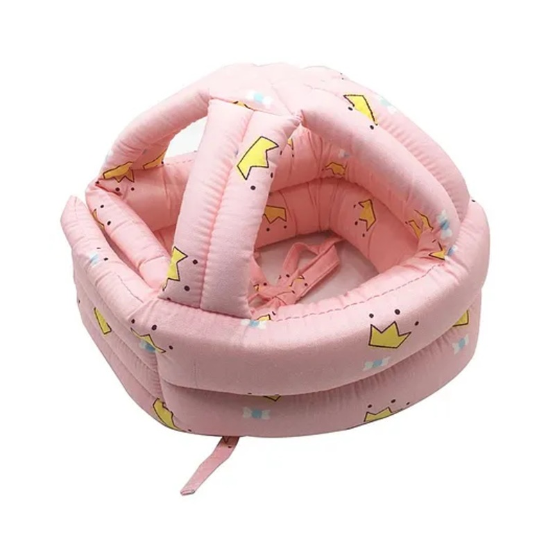 Syga Crown Print Baby Head Protector With Cushion Bonnet – Pink