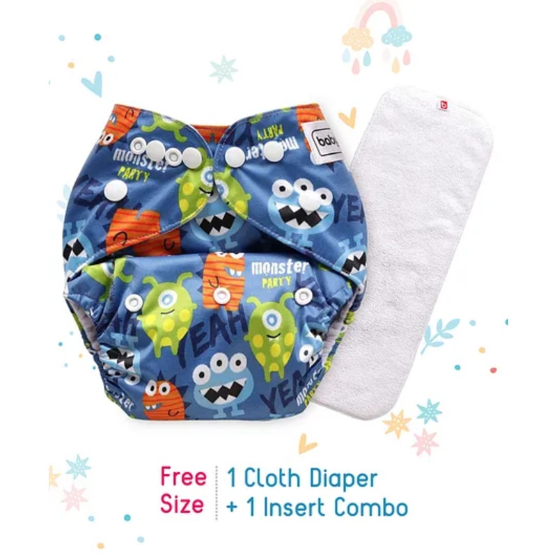 Babyhug Free Size Reusable Cloth Diaper With Insert Monster Print – Blue (Packaging May Vary)