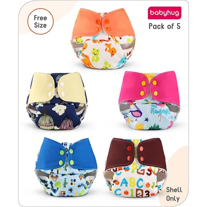 Babyhug Reusable Cloth Diaper with Contrast Flap and without Insert (Shell Only) Pack of 5 Free Size – Multiprint