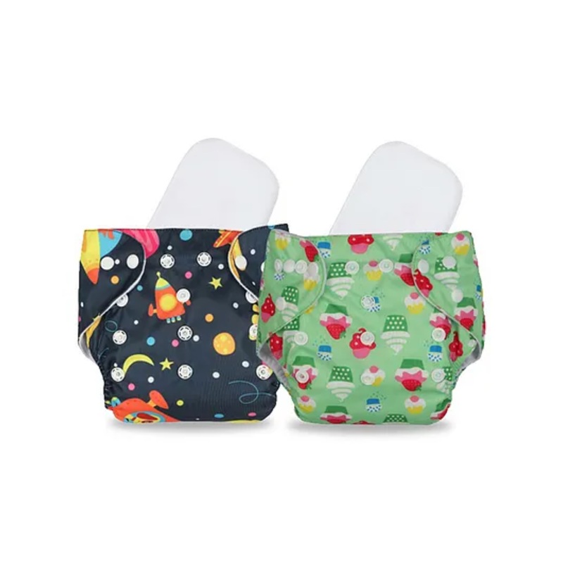 Chinmay Kids Cloth Diaper Cute Prints Freesize Reusable Washable Adjustable Snap Buttons Cloth Diaper For Babies With Wet Free Insert Pads Leak Proof & Dry Feel Pack of 2 – Dark Blue & Green