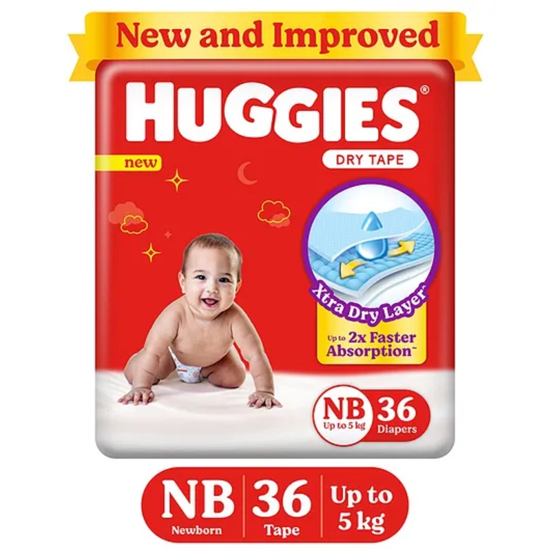 Huggies Dry Tape | Adjustable Tape Style Diapers, New Born (NB) Size (0-5 Kgs), 36 Count | Up To 2X Faster Absorption, Up To 12 Hours Overnight Absorption