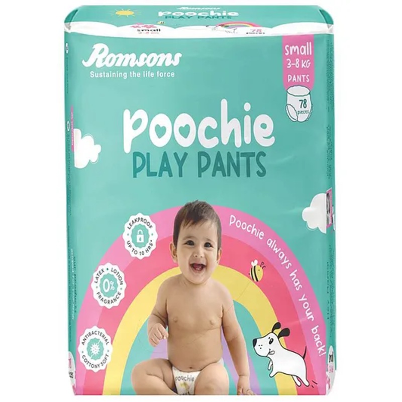 Romsons Poochie Play Pants Baby Diaper | Small Size | Super Absorbent Core | Leakproof Protection for up to 10 Hours | Wetness Indicator | 360 Comfort Fit | Suitable for 3-8 KG | Pack of 1 (78 count)
