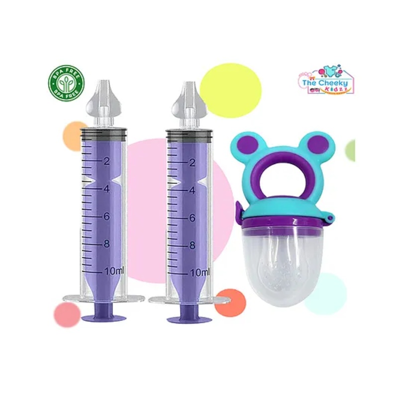 The Cheeky Kidzz Baby 2 Pressure Nasal Syringe Nose Suction With 1 Fruit Feeder Nibbler Sooother BPA Free (BLUE)