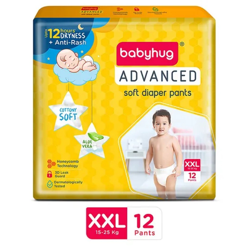 Babyhug Advanced Pant Style Diapers XXL – 12 Pieces, Honeycomb Technology, Cottony Soft Diaper with 3D Leak Guard, Latex & Alcohol Free, Anti-rash & Gentle
