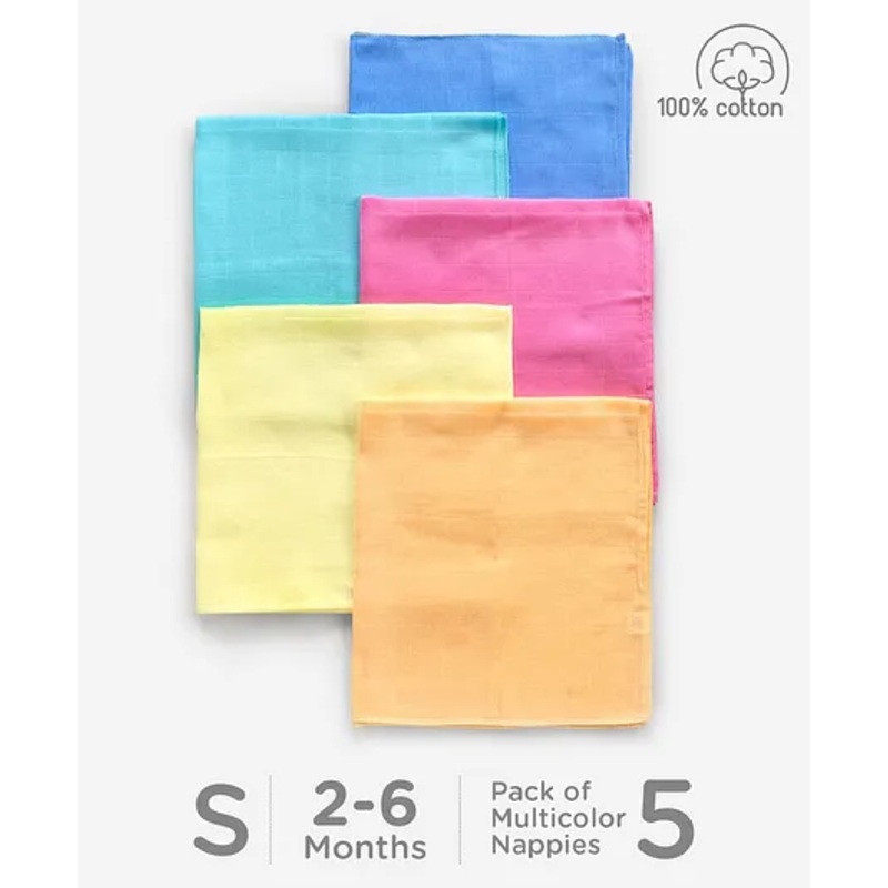 Babyhug Square Cotton Muslin Nappy Set Small Pack Of 5 (Color May Vary)