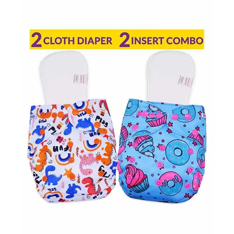 Bembika Cloth Diapers with Inserts Dino & Cup Cake Print Set of 2 – Multicolor