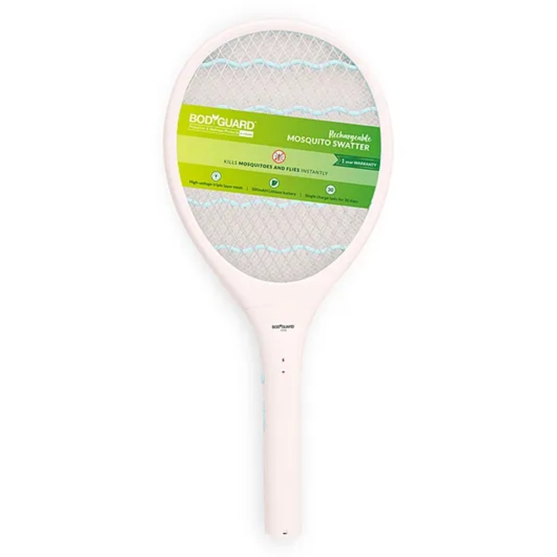 BodyGuard Anti Mosquito Racquet Rechargeable Insect Killer Bat with LED Light – White