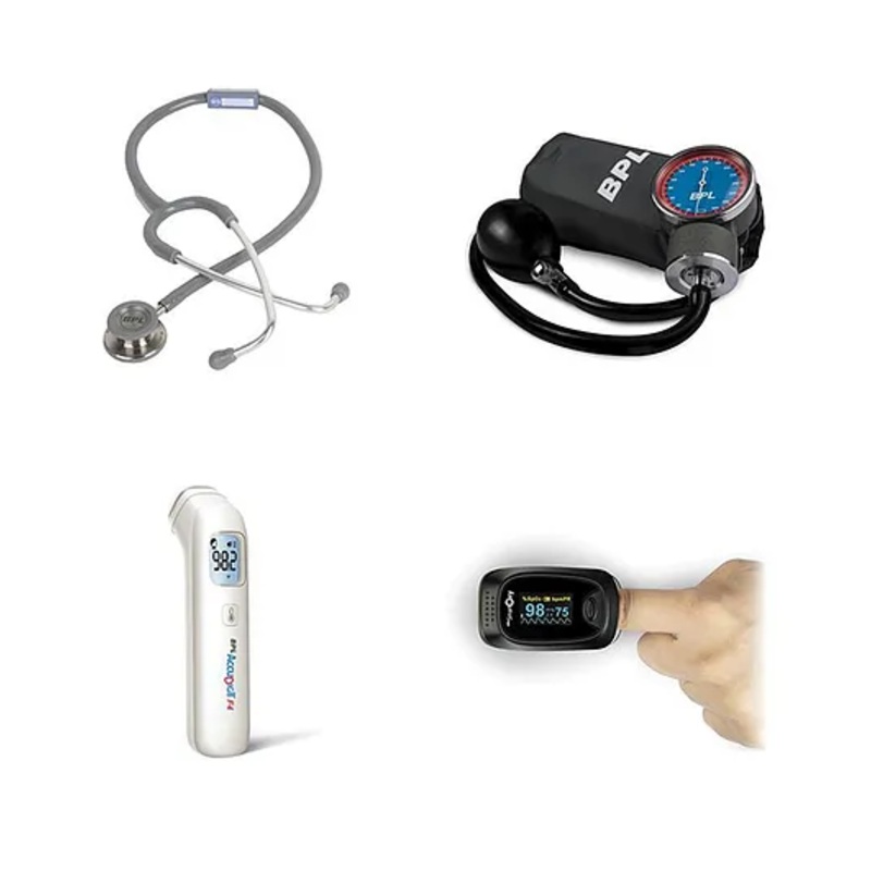 BPL Medical Technologies Adult Health Combo – Aneroid Sphygmomanometer + ST-06 Stainless Steel Dual Premium Chest Piece Stethoscope + Smart Oxy Oximeter + Accu Digit Infrared F4 Thermometer