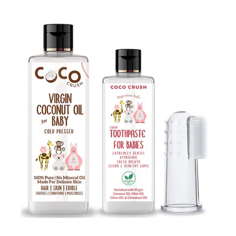 Coco Crush Combo of Virgin Coconut Oil for Babies, 200ml and Ayurvedic Kids Liquid Toothpaste, 100ml & Toothbrush, 1pc