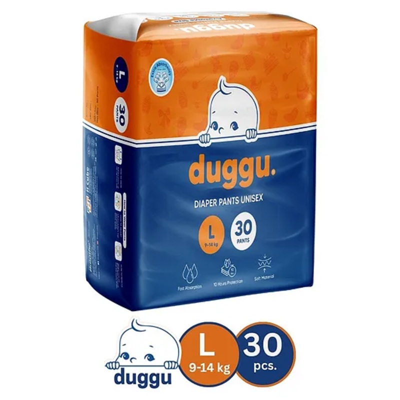 Duggu Baby Diaper Pants | Feather-Like Cotton Feel | Up to 10-Hour Absorption | Soft Elastic Waistband | Highly Absorbent | Large | 9-14 KG | Pack of 1 – 30 Diapers