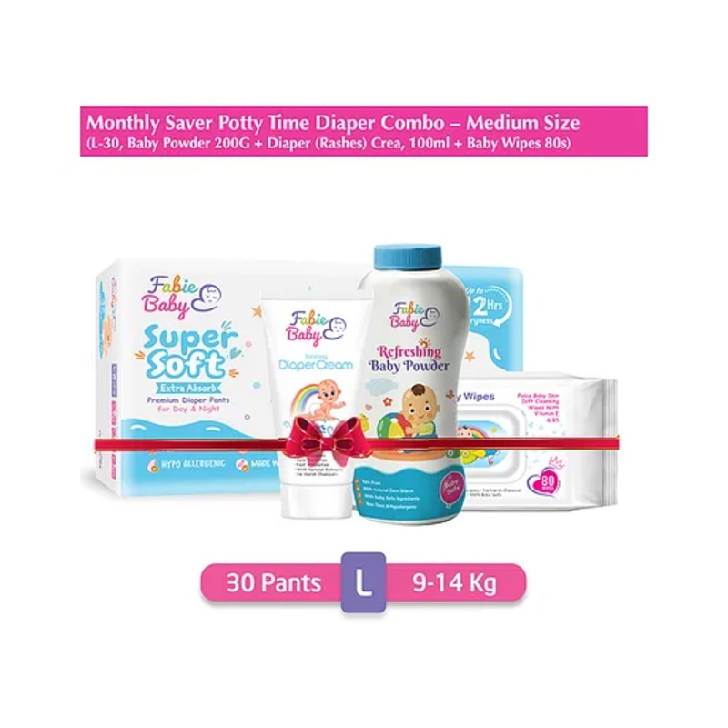 Fabie Baby Potty Time Combo Diaper Pants Large (30Pcs) Diaper Rash Cream (50ml) Baby Powder (200g) & Baby Wipes (72Pcs) – Pack of 4