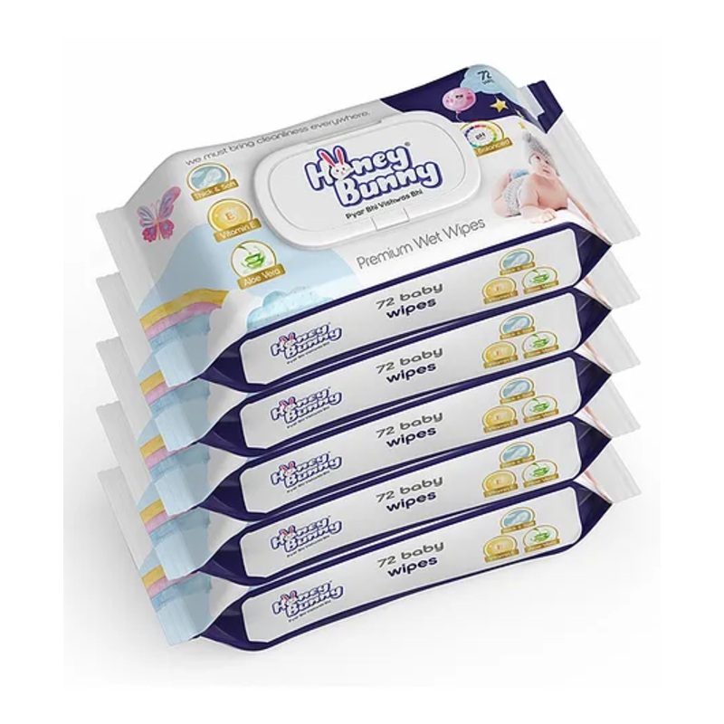 Honey Bunny Premium Wet wipes with aloe vera & Vitamin E (360 Wipes) Pack of 5 (360 Wipes)
