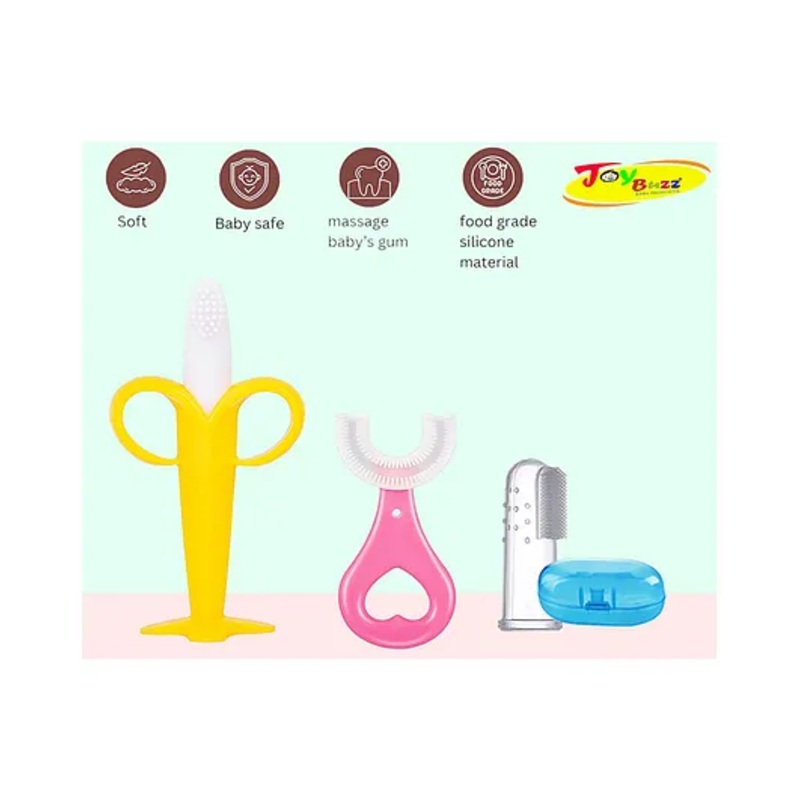 Joy Buzz Silicone Toothbrushes Pack Of 3 – Dark Pink & Yellow