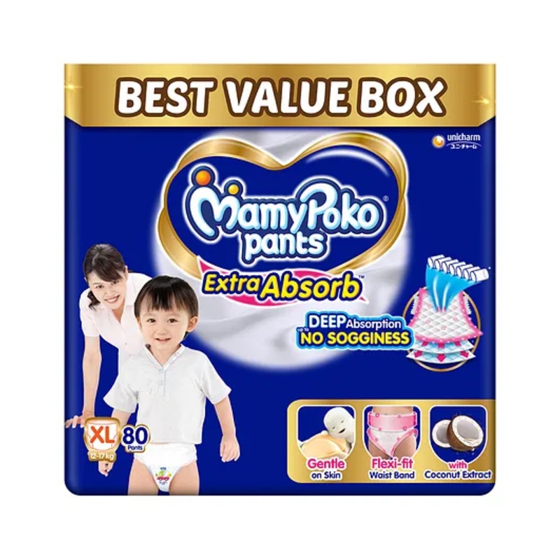 MamyPoko Pants Extra Absorb Baby Diapers, Extra Large (XL size) | 12-17 kg | 80 Count |Deep Sleep Diapers| Soft gentle fit |Deep Absorbent Crisscross | skin friendly with coconut oil |